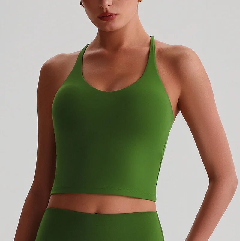Women's Nude Yoga Wear Sexy Crossover Back Top Detachable Chest Pads Breathable Quick - drying Athletic Fitness Running Clothes - Clothesfassion.store