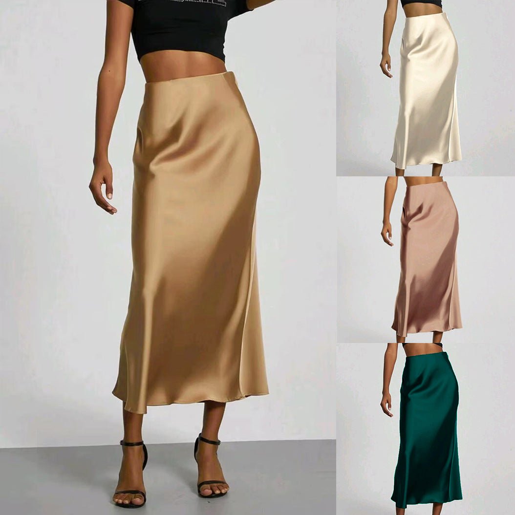 Women's Slim Fit Satin Skirt Fashion Chic Solid Long Skirt - Clothesfassion.store