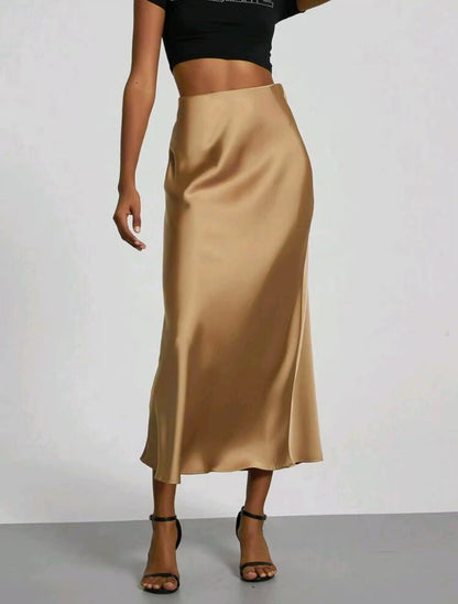 Women's Slim Fit Satin Skirt Fashion Chic Solid Long Skirt - Clothesfassion.store
