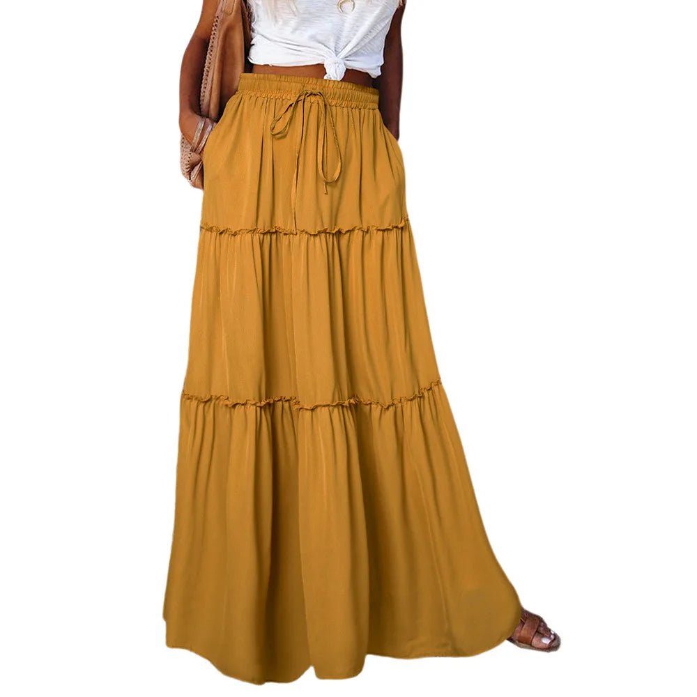 Women's Spring Autumn New Long Skirt Solid Color Fashionable Mushroom Layered Skirt High Waist Elastic Ruffle Skirt - Clothesfassion.store