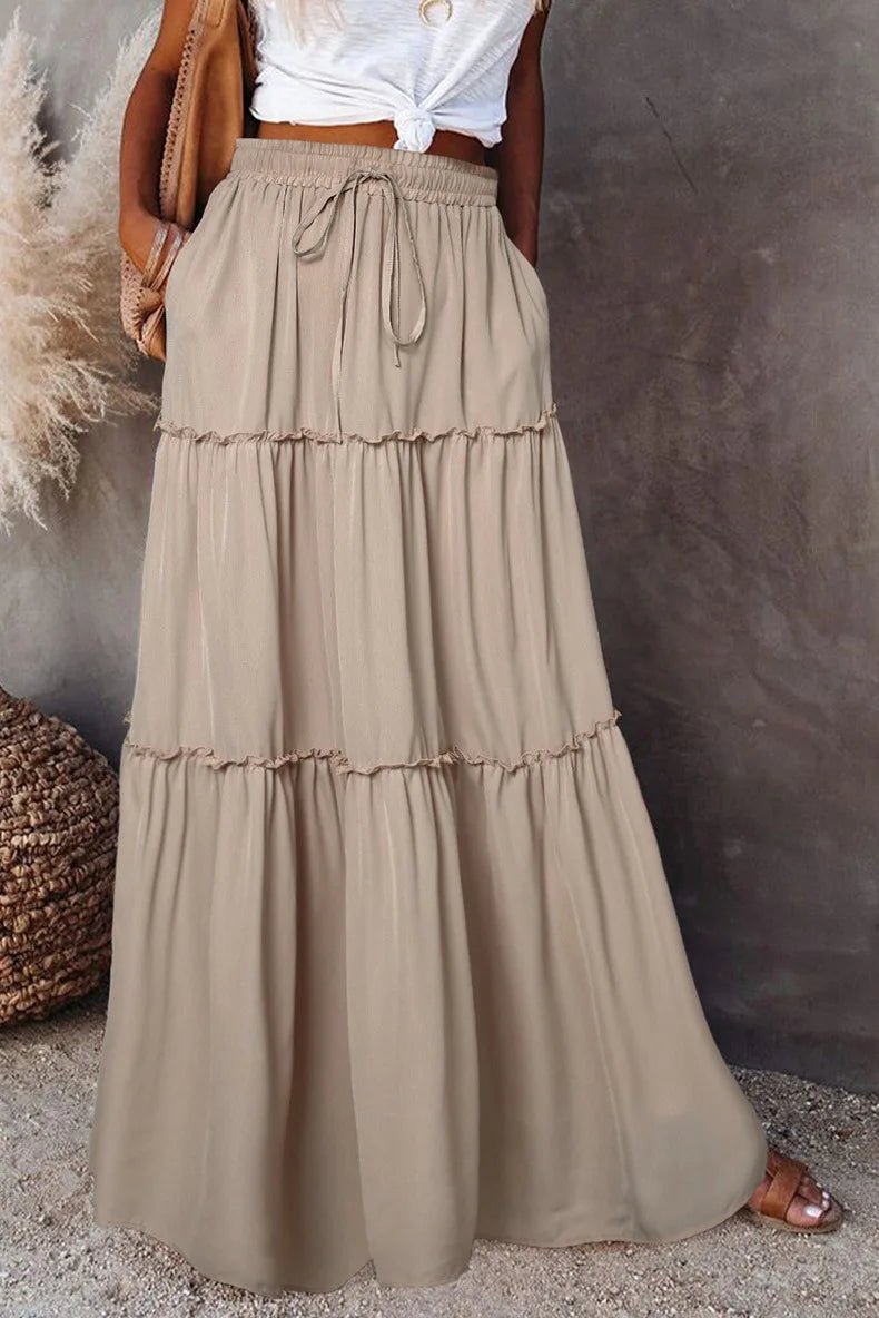 Women's Spring Autumn New Long Skirt Solid Color Fashionable Mushroom Layered Skirt High Waist Elastic Ruffle Skirt - Clothesfassion.store