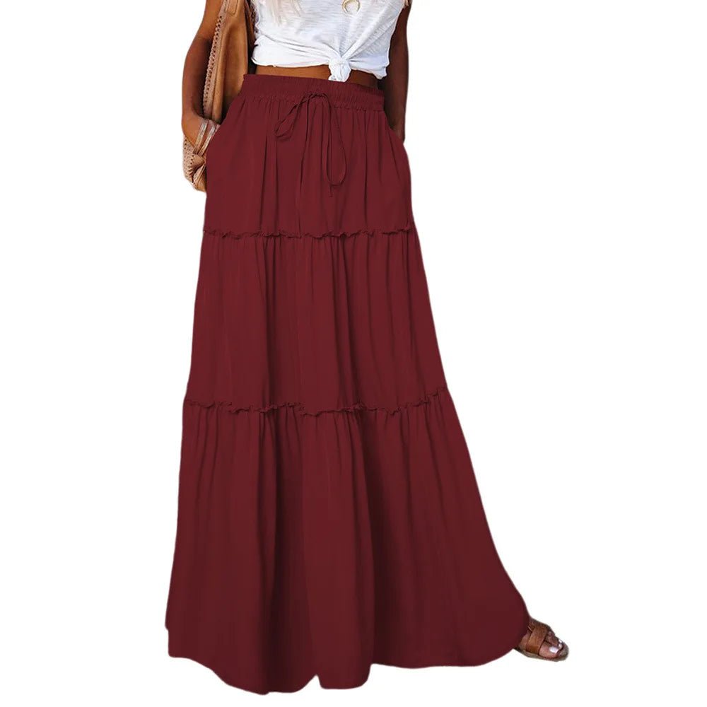 Women's Spring Autumn New Long Skirt Solid Color Fashionable Mushroom Layered Skirt High Waist Elastic Ruffle Skirt - Clothesfassion.store