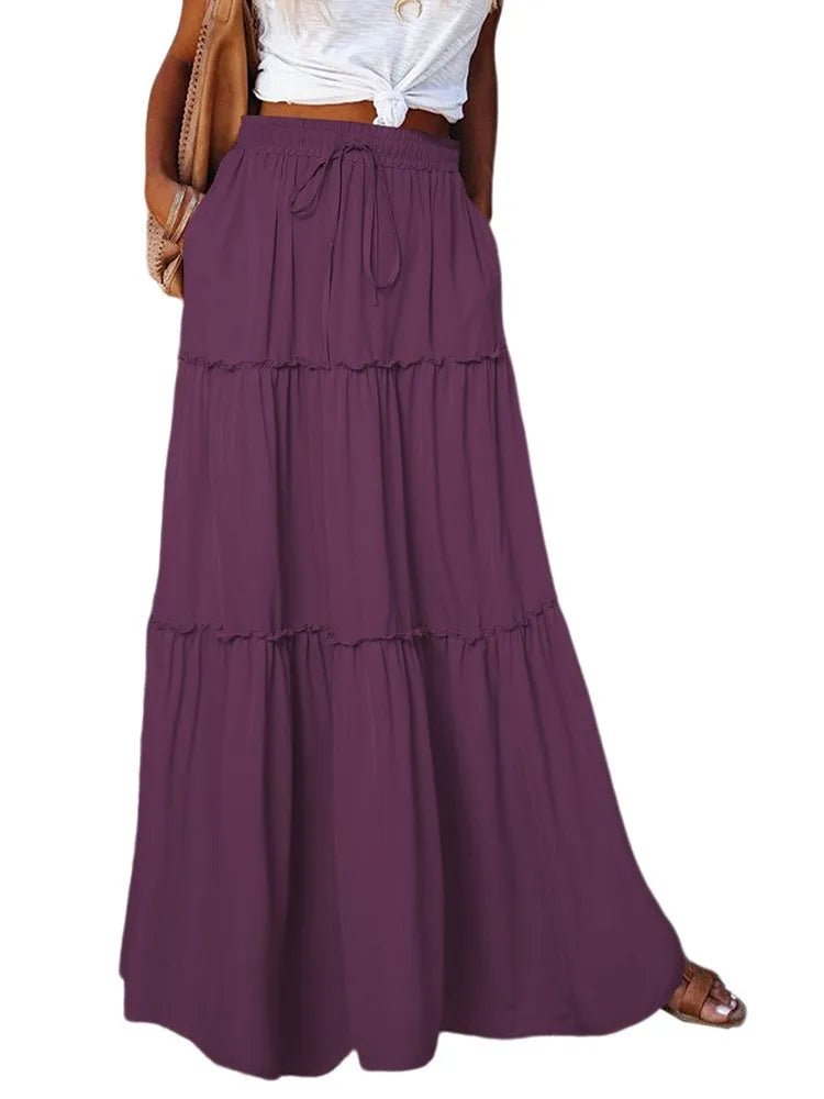 Women's Spring Autumn New Long Skirt Solid Color Fashionable Mushroom Layered Skirt High Waist Elastic Ruffle Skirt - Clothesfassion.store