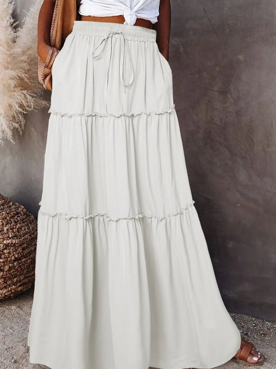 Women's Spring Autumn New Long Skirt Solid Color Fashionable Mushroom Layered Skirt High Waist Elastic Ruffle Skirt - Clothesfassion.store