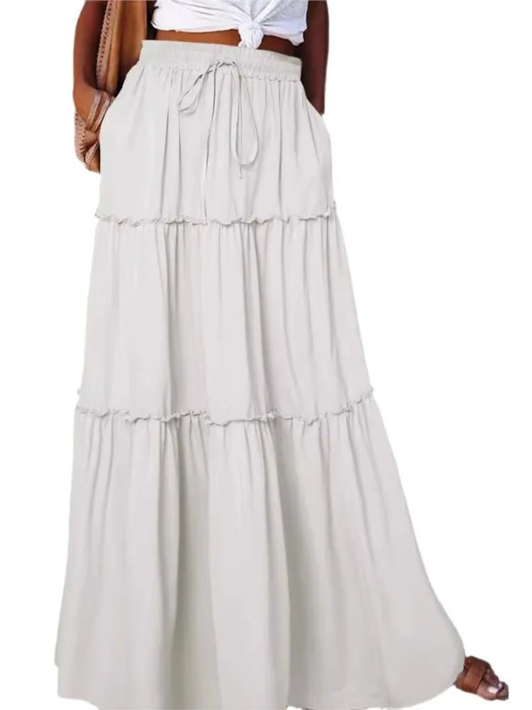 Women's Spring Autumn New Long Skirt Solid Color Fashionable Mushroom Layered Skirt High Waist Elastic Ruffle Skirt - Clothesfassion.store
