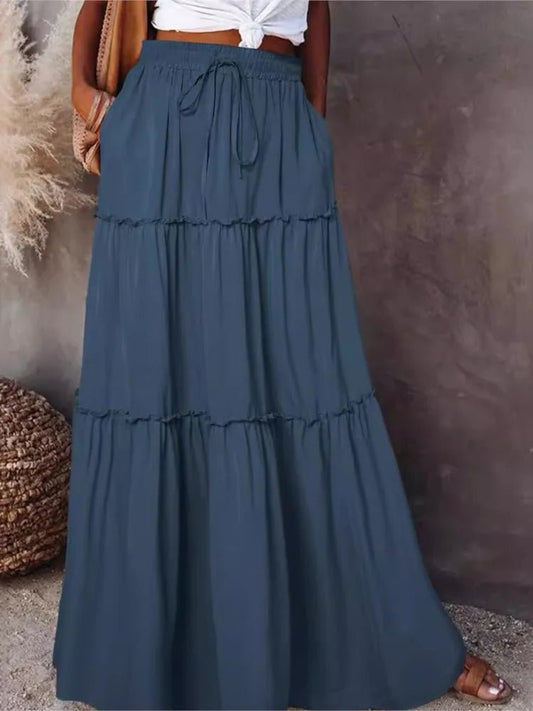 Women's Spring Autumn New Long Skirt Solid Color Fashionable Mushroom Layered Skirt High Waist Elastic Ruffle Skirt - Clothesfassion.store