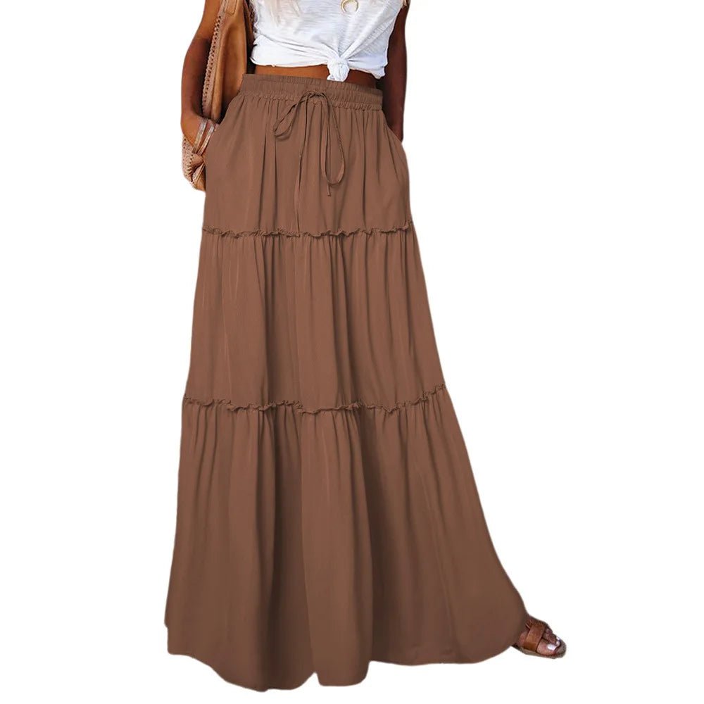 Women's Spring Autumn New Long Skirt Solid Color Fashionable Mushroom Layered Skirt High Waist Elastic Ruffle Skirt - Clothesfassion.store
