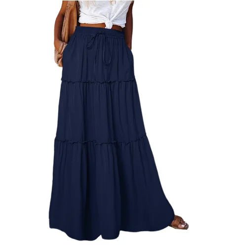 Women's Spring Autumn New Long Skirt Solid Color Fashionable Mushroom Layered Skirt High Waist Elastic Ruffle Skirt - Clothesfassion.store