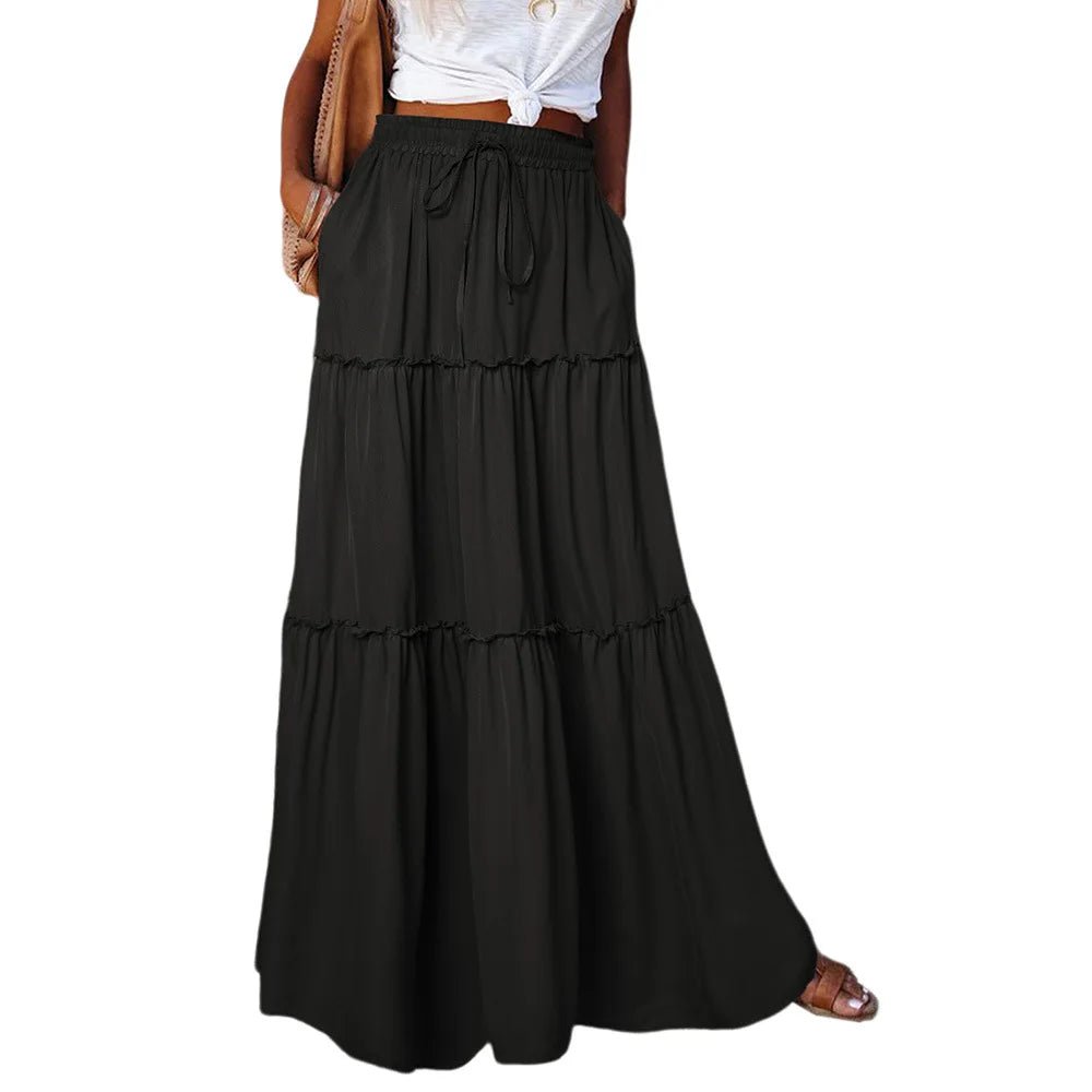 Women's Spring Autumn New Long Skirt Solid Color Fashionable Mushroom Layered Skirt High Waist Elastic Ruffle Skirt - Clothesfassion.store