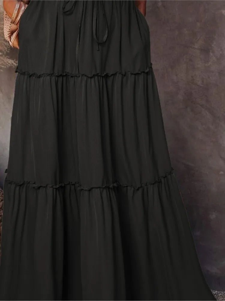 Women's Spring Autumn New Long Skirt Solid Color Fashionable Mushroom Layered Skirt High Waist Elastic Ruffle Skirt - Clothesfassion.store