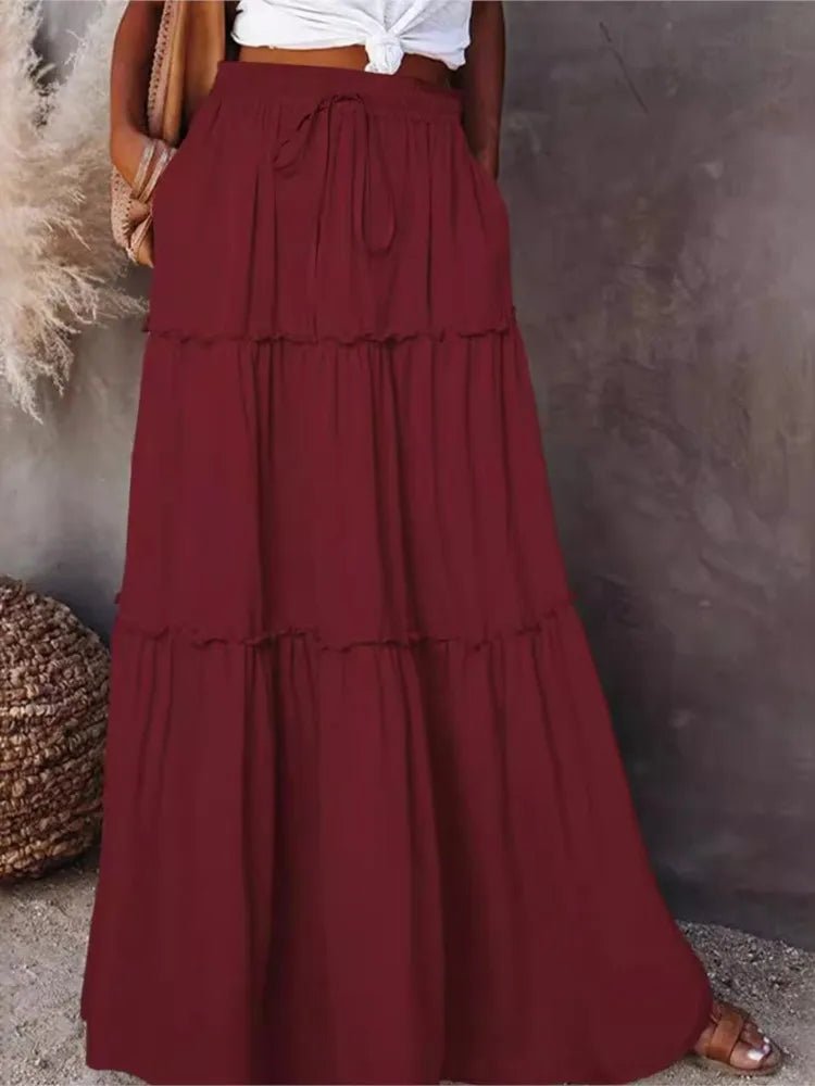 Women's Spring Autumn New Long Skirt Solid Color Fashionable Mushroom Layered Skirt High Waist Elastic Ruffle Skirt - Clothesfassion.store