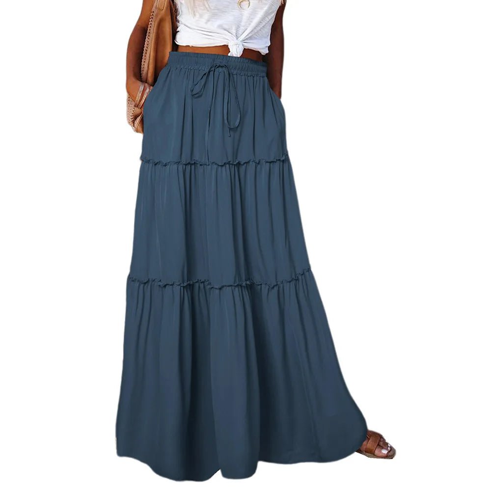 Women's Spring Autumn New Long Skirt Solid Color Fashionable Mushroom Layered Skirt High Waist Elastic Ruffle Skirt - Clothesfassion.store