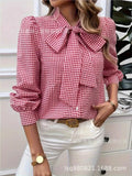 Women's Spring Casual Checkered Print Shirt Autumn Fashion Bow Tie Lace - up Long Sleeve Tops Lady Elegant Stacked Collar Blouses - Clothesfassion.store