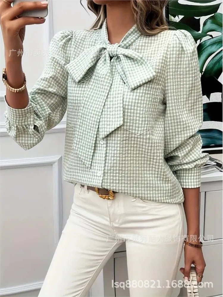 Women's Spring Casual Checkered Print Shirt Autumn Fashion Bow Tie Lace - up Long Sleeve Tops Lady Elegant Stacked Collar Blouses - Clothesfassion.store