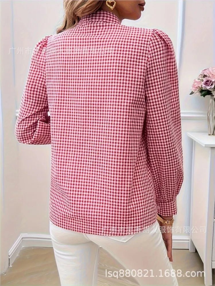 Women's Spring Casual Checkered Print Shirt Autumn Fashion Bow Tie Lace - up Long Sleeve Tops Lady Elegant Stacked Collar Blouses - Clothesfassion.store