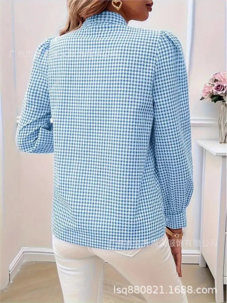 Women's Spring Casual Checkered Print Shirt Autumn Fashion Bow Tie Lace - up Long Sleeve Tops Lady Elegant Stacked Collar Blouses - Clothesfassion.store