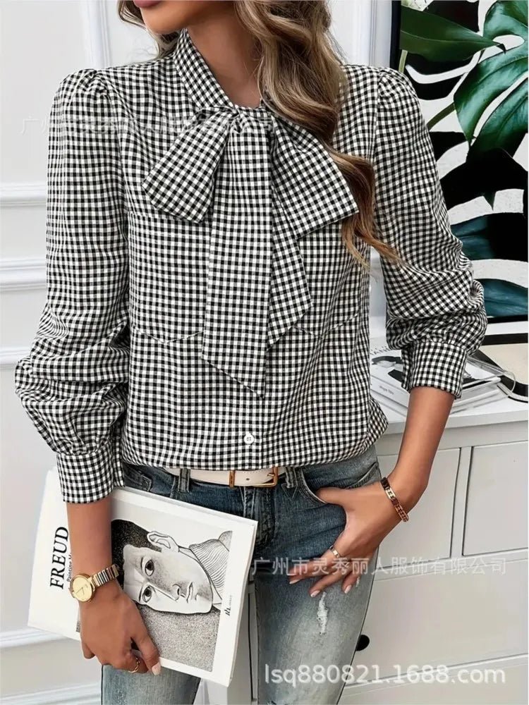 Women's Spring Casual Checkered Print Shirt Autumn Fashion Bow Tie Lace - up Long Sleeve Tops Lady Elegant Stacked Collar Blouses - Clothesfassion.store
