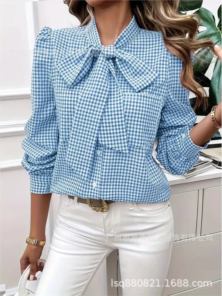 Women's Spring Casual Checkered Print Shirt Autumn Fashion Bow Tie Lace - up Long Sleeve Tops Lady Elegant Stacked Collar Blouses - Clothesfassion.store