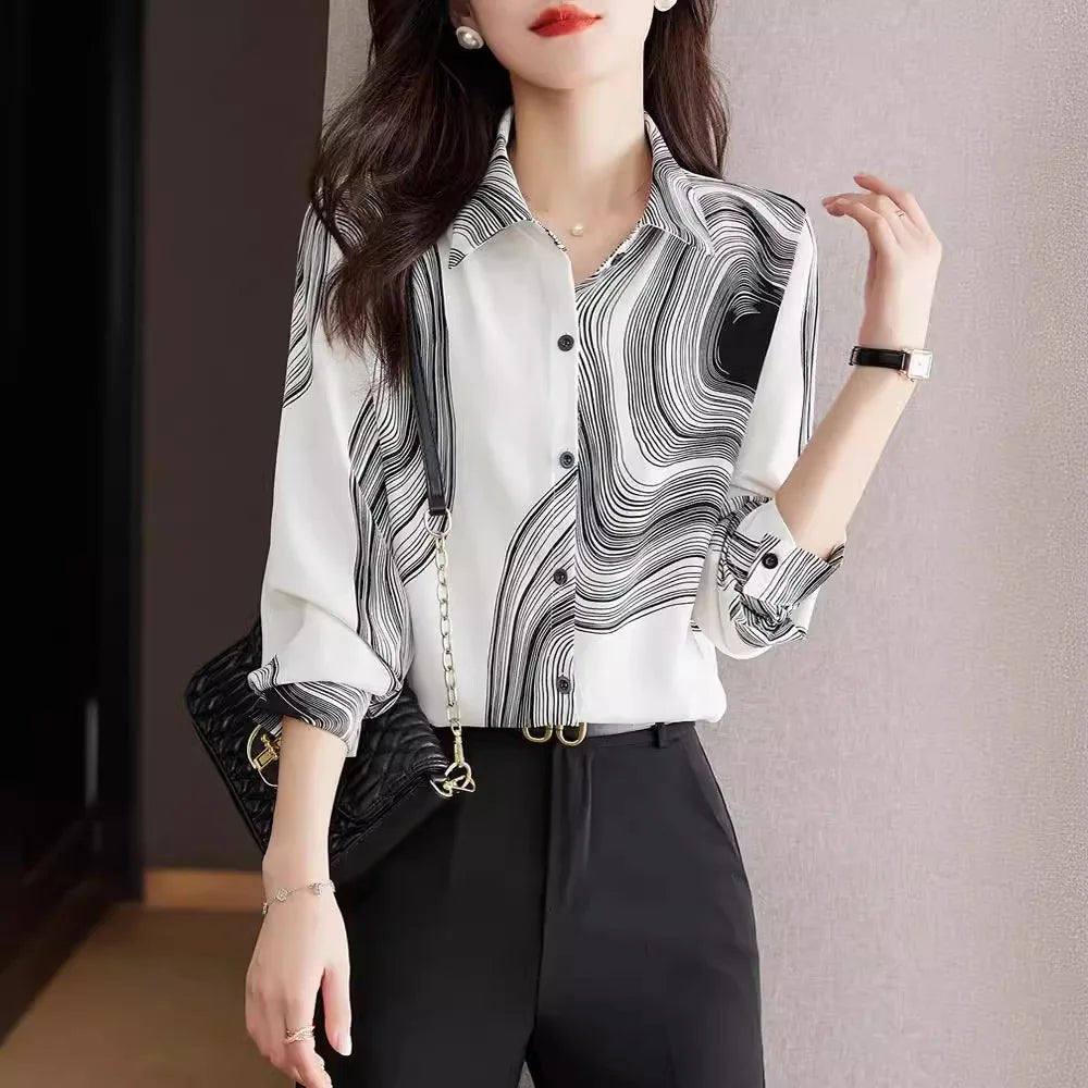 Women's Spring Clothing 2025 New Design Niche Printed Chiffon Fashionable Small Shirt Long Sleeve Top - Clothesfassion.store