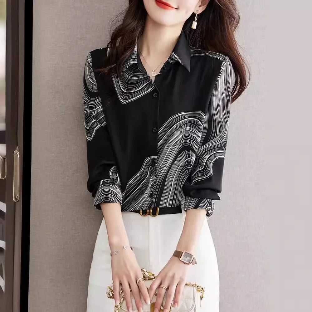 Women's Spring Clothing 2025 New Design Niche Printed Chiffon Fashionable Small Shirt Long Sleeve Top - Clothesfassion.store