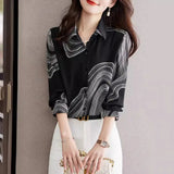 Women's Spring Clothing 2025 New Design Niche Printed Chiffon Fashionable Small Shirt Long Sleeve Top - Clothesfassion.store