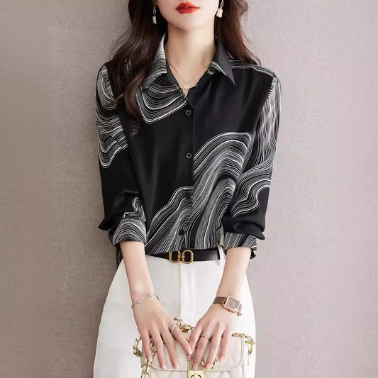 Women's Spring Clothing 2025 New Design Niche Printed Chiffon Fashionable Small Shirt Long Sleeve Top - Clothesfassion.store