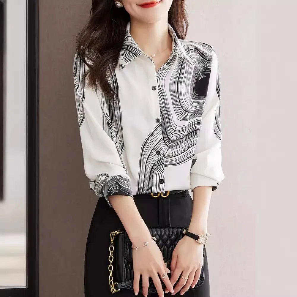 Women's Spring Clothing 2025 New Design Niche Printed Chiffon Fashionable Small Shirt Long Sleeve Top - Clothesfassion.store