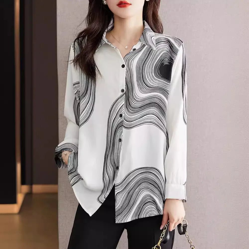 Women's Spring Clothing 2025 New Design Niche Printed Chiffon Fashionable Small Shirt Long Sleeve Top - Clothesfassion.store