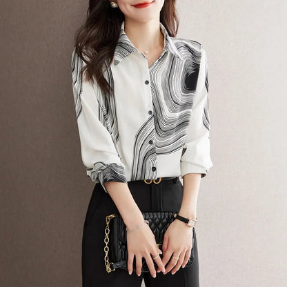 Women's Spring Clothing 2025 New Design Niche Printed Chiffon Fashionable Small Shirt Long Sleeve Top - Clothesfassion.store