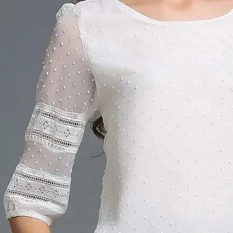 Womens Tops Fashion Blouse Half Sleeve Chiffon Shirts Lace Stitching - Clothesfassion.store