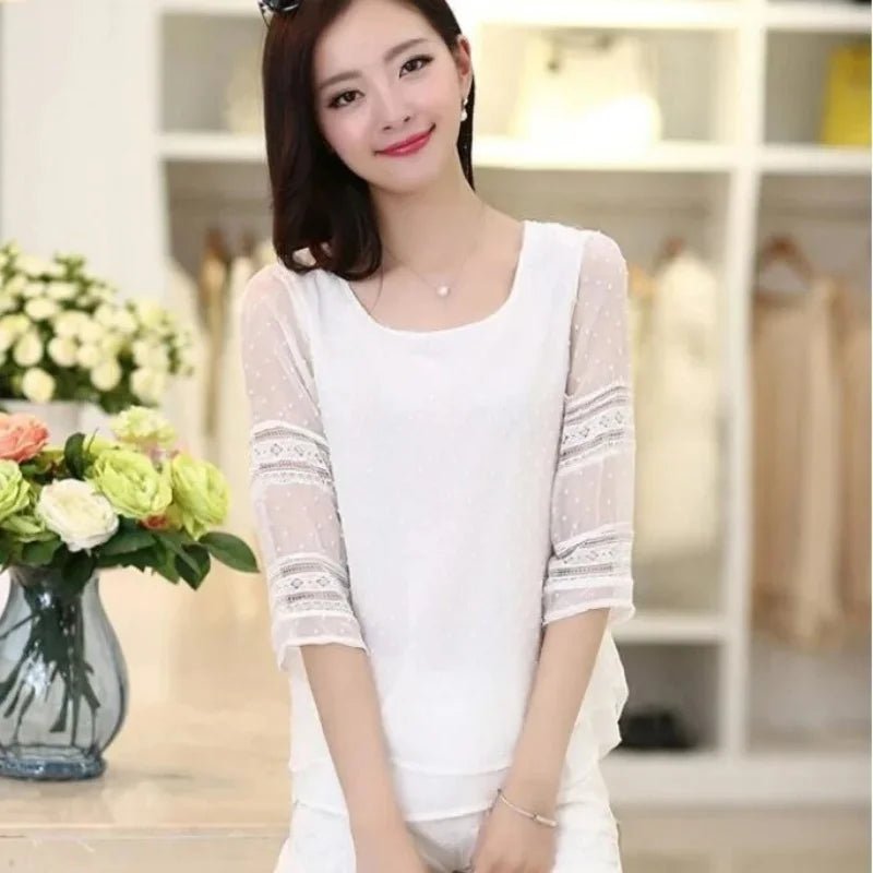 Womens Tops Fashion Blouse Half Sleeve Chiffon Shirts Lace Stitching - Clothesfassion.store