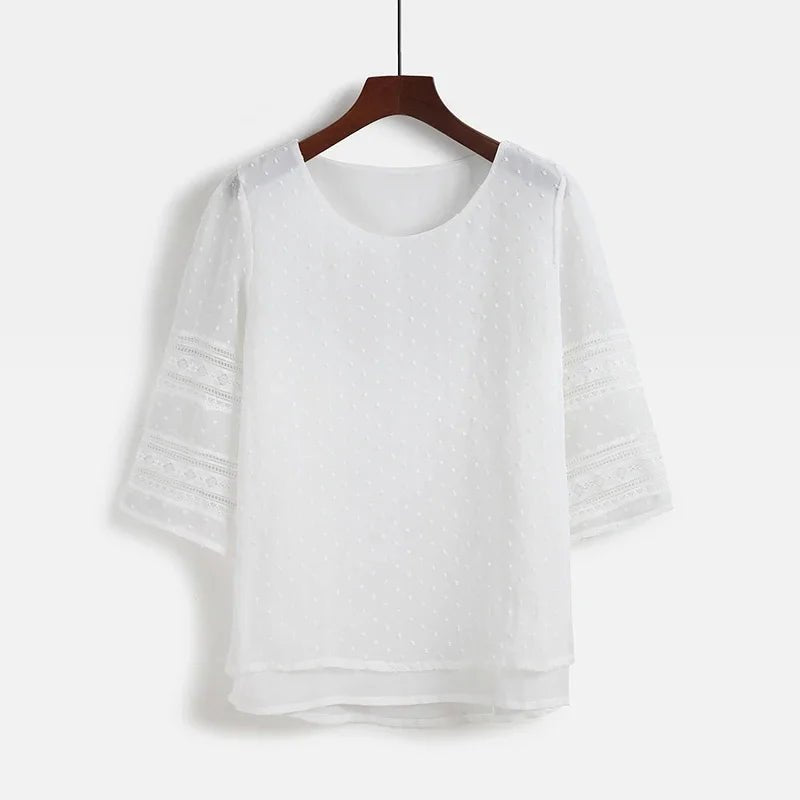Womens Tops Fashion Blouse Half Sleeve Chiffon Shirts Lace Stitching - Clothesfassion.store