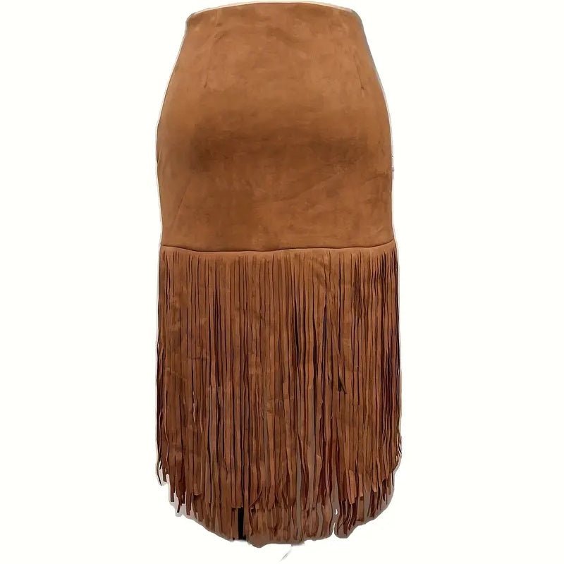 Women's Western Boho Fringe Skirt Solid Color Asymmetrical Hem Pull - On Denim Style Midi Skirt - Clothesfassion.store