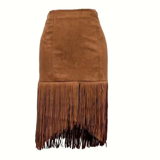 Women's Western Boho Fringe Skirt Solid Color Asymmetrical Hem Pull - On Denim Style Midi Skirt - Clothesfassion.store