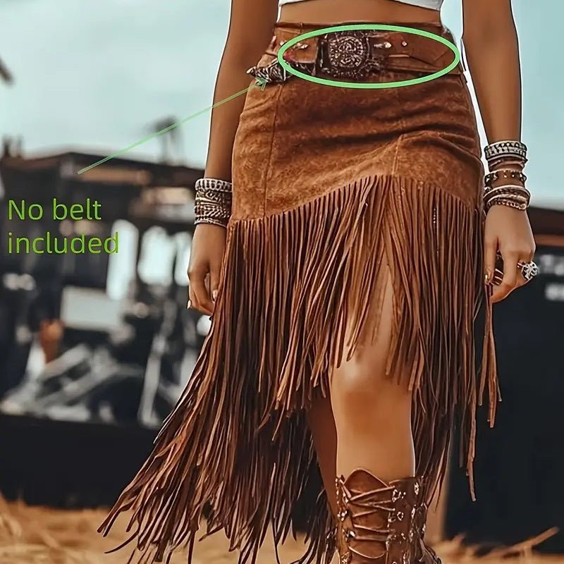Women's Western Boho Fringe Skirt Solid Color Asymmetrical Hem Pull - On Denim Style Midi Skirt - Clothesfassion.store