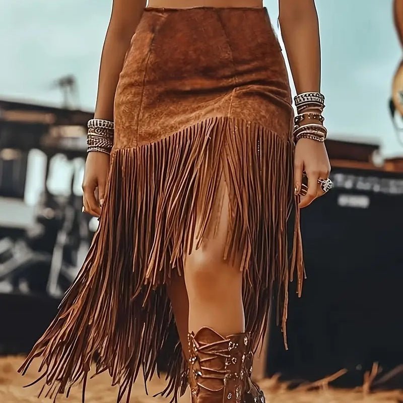 Women's Western Boho Fringe Skirt Solid Color Asymmetrical Hem Pull - On Denim Style Midi Skirt - Clothesfassion.store
