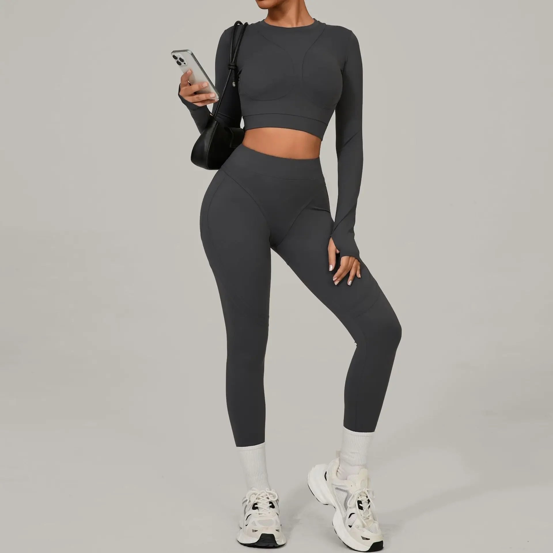 Women's Yoga Sets Sports Fitness High Waist Peach Hip Skinny Grinding Long - sleeved Outdoor Running Winter Workout Gym Suits - Clothesfassion.store
