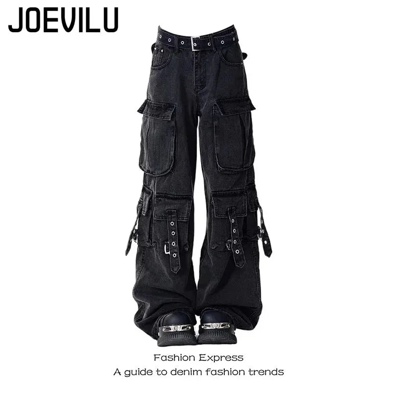 Y2K Black Cargo Pants for Women Straight Leg Jean Edgy Style Pocket Trousers Streetwear 2000s Aesthetic Grunge Pants Pantalones - Clothesfassion.store