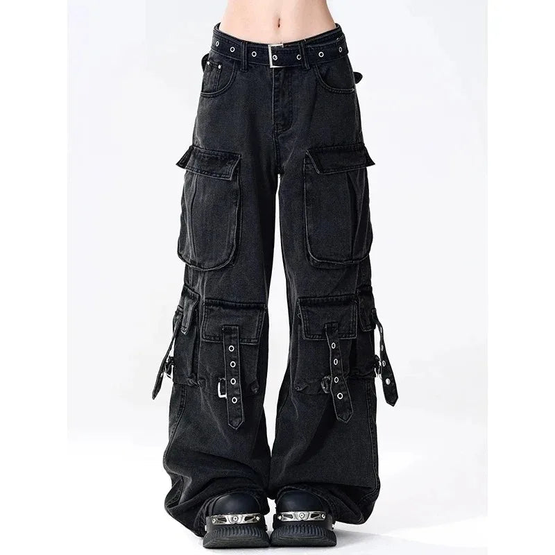 Y2K Black Cargo Pants for Women Straight Leg Jean Edgy Style Pocket Trousers Streetwear 2000s Aesthetic Grunge Pants Pantalones - Clothesfassion.store