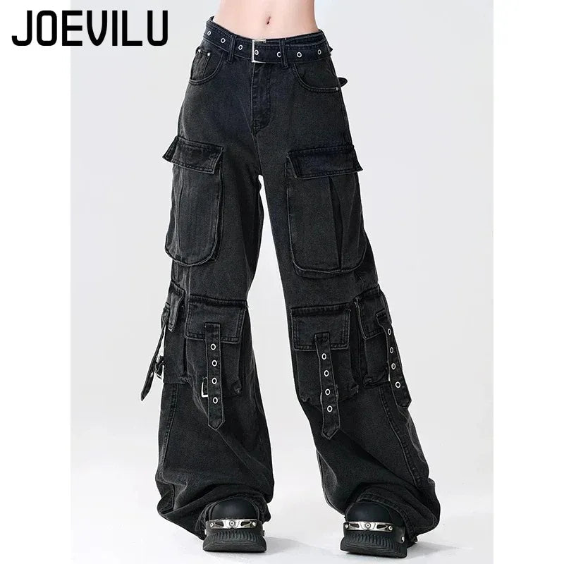 Y2K Black Cargo Pants for Women Straight Leg Jean Edgy Style Pocket Trousers Streetwear 2000s Aesthetic Grunge Pants Pantalones - Clothesfassion.store
