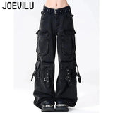 Y2K Black Cargo Pants for Women Straight Leg Jean Edgy Style Pocket Trousers Streetwear 2000s Aesthetic Grunge Pants Pantalones - Clothesfassion.store