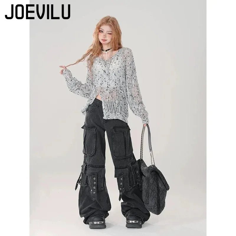 Y2K Black Cargo Pants for Women Straight Leg Jean Edgy Style Pocket Trousers Streetwear 2000s Aesthetic Grunge Pants Pantalones - Clothesfassion.store