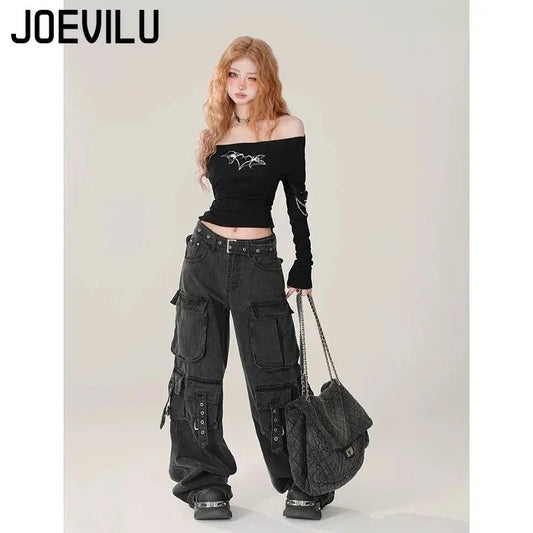 Y2K Black Cargo Pants for Women Straight Leg Jean Edgy Style Pocket Trousers Streetwear 2000s Aesthetic Grunge Pants Pantalones - Clothesfassion.store
