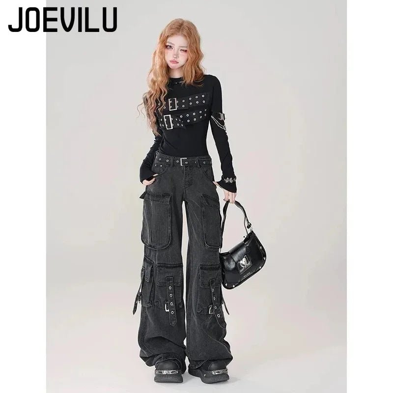 Y2K Black Cargo Pants for Women Straight Leg Jean Edgy Style Pocket Trousers Streetwear 2000s Aesthetic Grunge Pants Pantalones - Clothesfassion.store