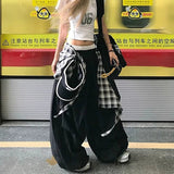Y2K Black Cargo Pants Women Streetwear Plaid Patchwork Baggy Sweatpants Harajuku Wide Leg Joggers Summer Korean Casual Trousers - Clothesfassion.store