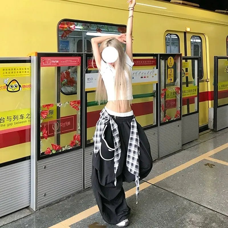 Y2K Black Cargo Pants Women Streetwear Plaid Patchwork Baggy Sweatpants Harajuku Wide Leg Joggers Summer Korean Casual Trousers - Clothesfassion.store