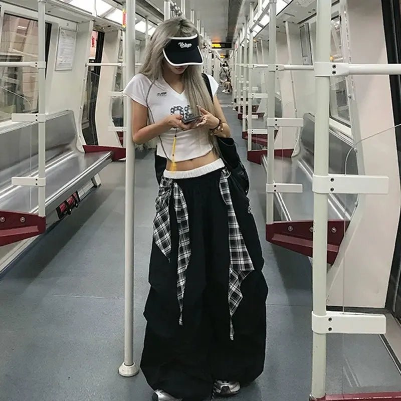 Y2K Black Cargo Pants Women Streetwear Plaid Patchwork Baggy Sweatpants Harajuku Wide Leg Joggers Summer Korean Casual Trousers - Clothesfassion.store