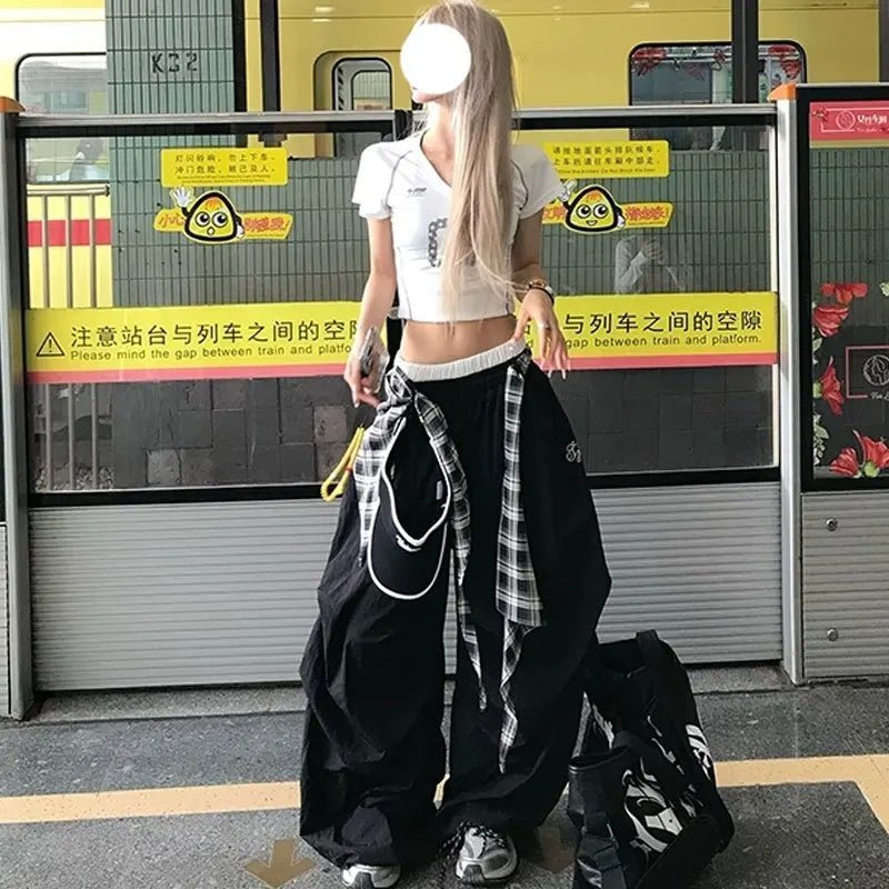 Y2K Black Cargo Pants Women Streetwear Plaid Patchwork Baggy Sweatpants Harajuku Wide Leg Joggers Summer Korean Casual Trousers - Clothesfassion.store