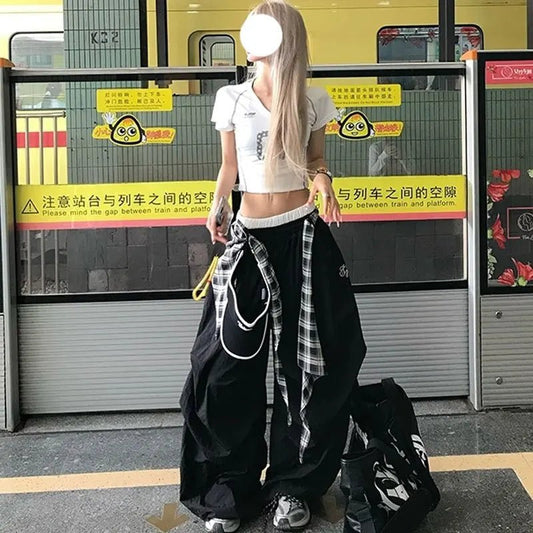 Y2K Black Cargo Pants Women Streetwear Plaid Patchwork Baggy Sweatpants Harajuku Wide Leg Joggers Summer Korean Casual Trousers - Clothesfassion.store
