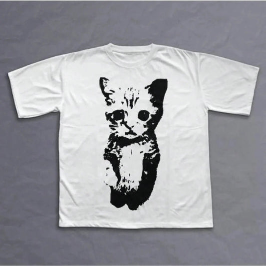 Y2K Cat - themed T-shirt, Retro Pattern T-shirt, Gothic Emo Style Clothing, Women's Streetwear Graphic T Shirts Summer Streetwear - Clothesfassion.store
